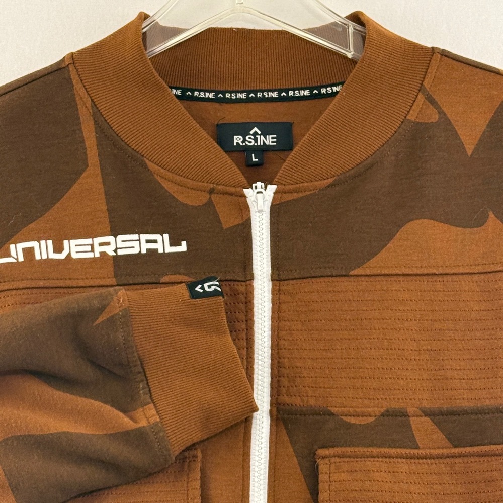 R.S.INE Bomber Jacket Mens L Brown‎ Camo Graphic Print Universal Streetwear Zip
